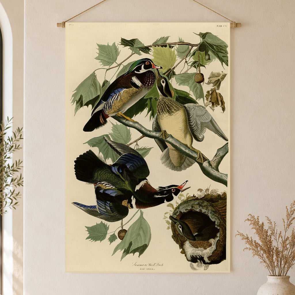 Wood Duck vintage field plate linen wall tapestry