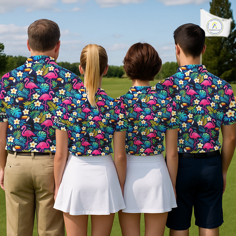 Golf Polo Shirt Flamingo Floral Pattern, Colorful Tropical Leaves Custom Team Golf Shirt