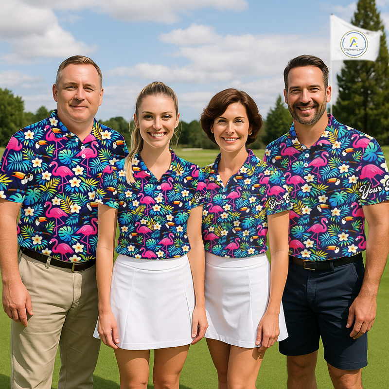 Golf Polo Shirt Flamingo Floral Pattern, Colorful Tropical Leaves Custom Team Golf Shirt